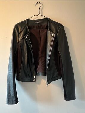 GUESS Black Faux Leather Moto Jacket with Panel Details